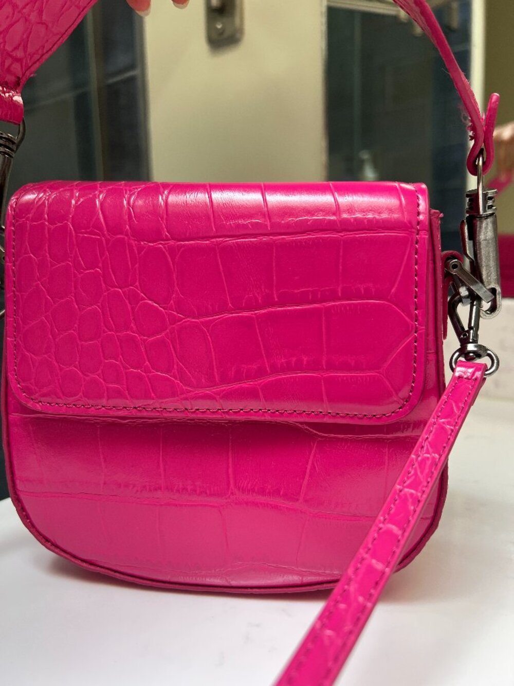 Zara Hot Pink Croc Embossed Mini Flap Crossbody Bag Handbag